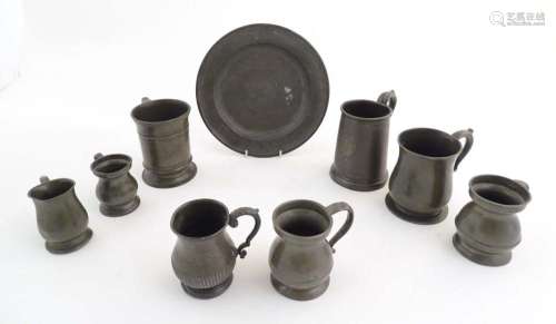 A quantity of pewter items, comprising two Victorian pint ta...
