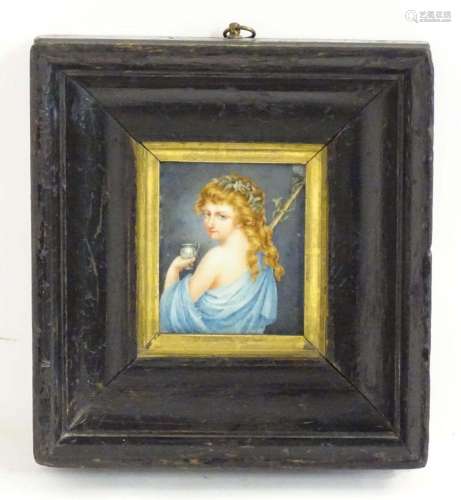 A 19thC watercolour portrait miniature depicting a Bacchante...