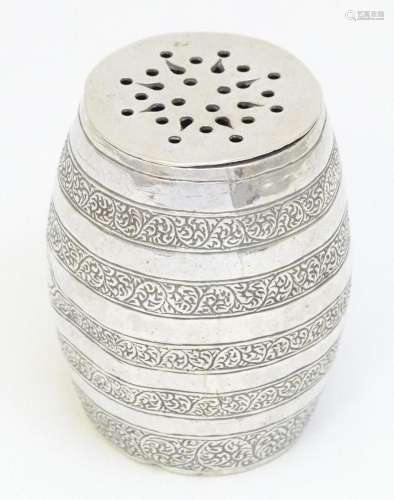 A white metal novelty pounce pot of barrel form. Approx. 2 1...