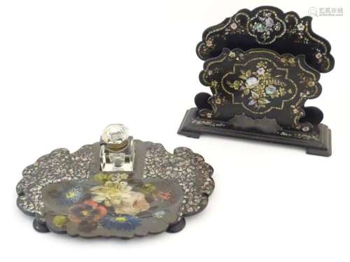 A Victorian lacquered papier mache standish with inlaid abal...