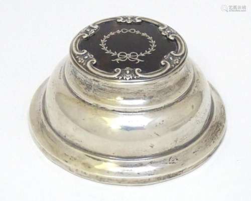 A silver inkwell with tortoiseshell pique work detail to lid...