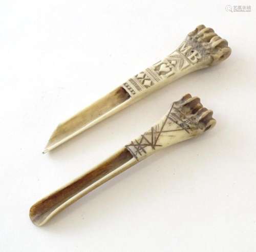 A 19thC carved knuckle bone apple corer love token decorated...