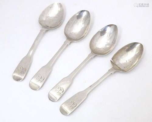 Four Geo III silver Fiddle pattern teaspoons, hallmarked Exe...