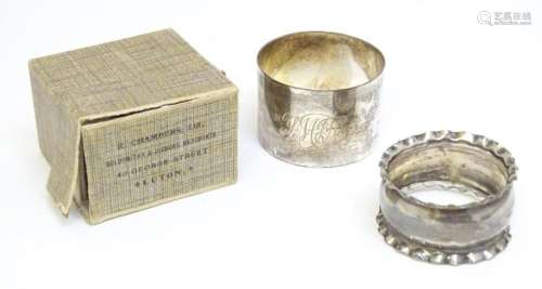 Two silver napkin rings, one hallmarked Chester 1903, maker ...