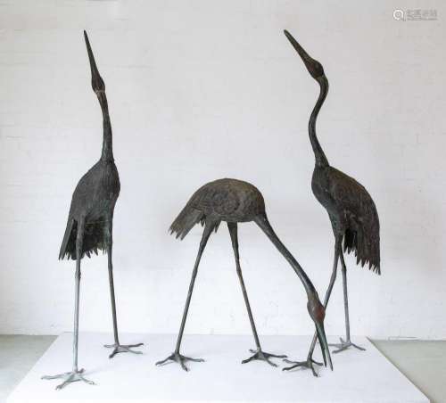 A fabulous trio of Japanese bronze cranes, Meiji Period ( 18...