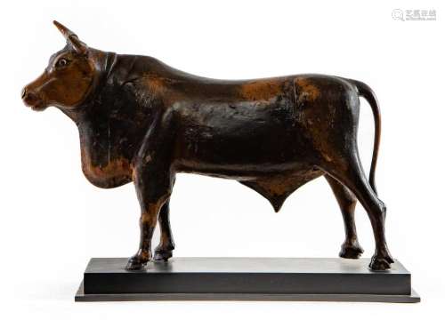 A fabulous painted carved wood model of a bull,Spanish circa...