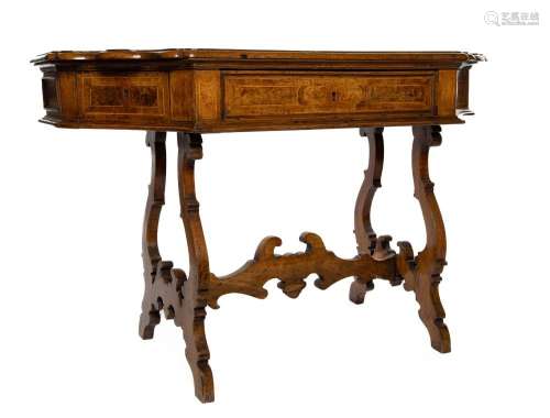 An exceptional pair of inlaid walnut console tables, Italian...