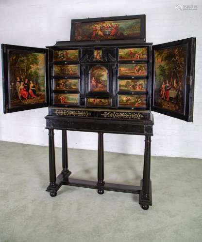 A Museum quality brass inlaid ebony and polychrome painted c...