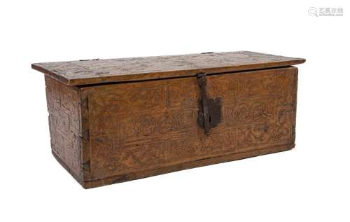 An unusual marquetry and carved poplar chest,Spanish circa 1...