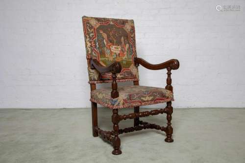 A large Louis XIV period turned walnut and pictorial tapestr...