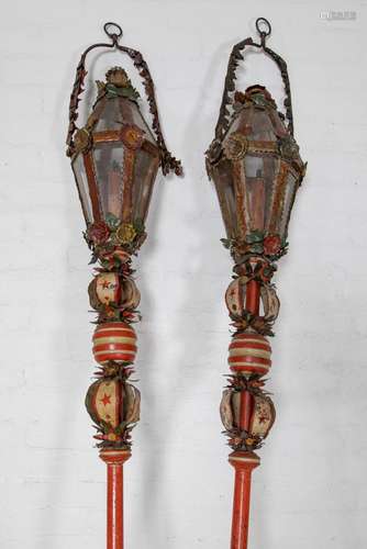 A pair of Sicilian painted tole, wood and glass pole lantern...