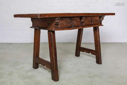 A large walnut two-drawer centre table, Spanish circa 1640