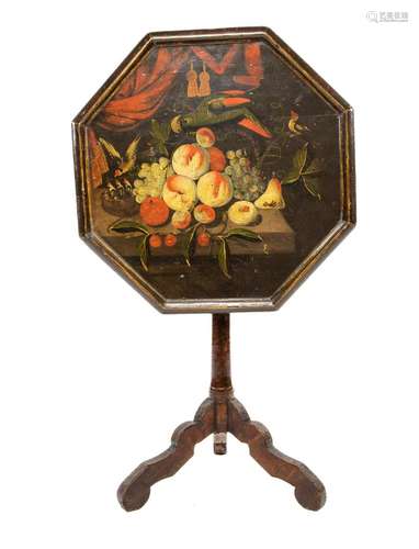 A rare pictorially painted octagonal top wine table, Dutch c...