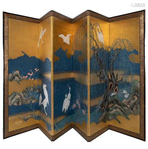 A stunning Japanese gilt-paper and painted water bird and pr...