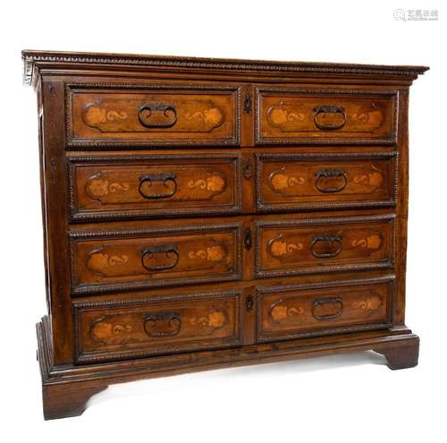 A very impressive walnut and marquetry commode, Italian circ...