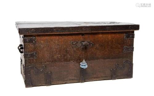 A very rare dark walnut and iron bound strong chest, Basque ...