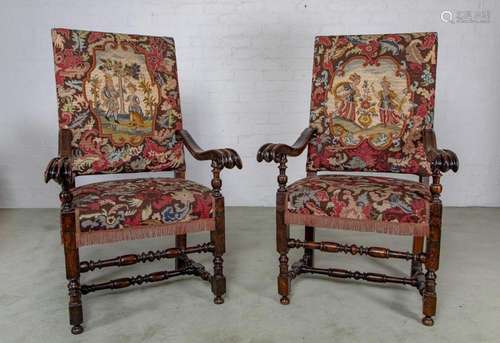 A pair of large walnut and tapestry armchairs, Italian circa...