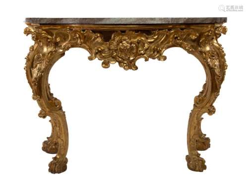 An Impressive Rococco giltwood marble top console table, Ita...
