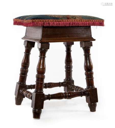 A turned walnut and tapestry covered stool, Italian circa 16...