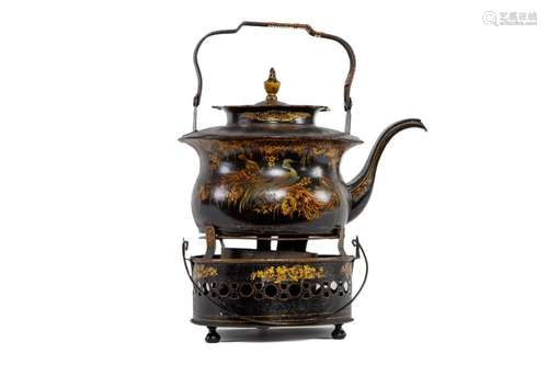 A very good painted black and gilt tole-ware tea-kettle on s...