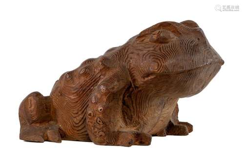 A large and appealing mountain cedar frog,signed, Japanese,e...