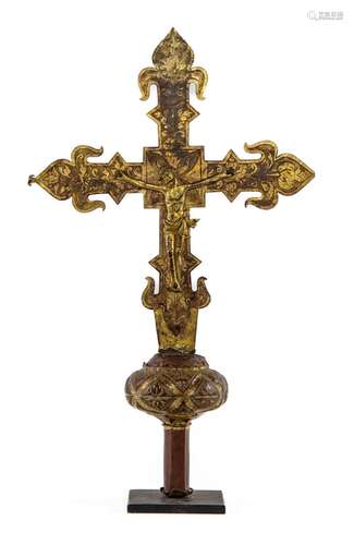 A rare and finely detailed gilt copper processional cross, I...