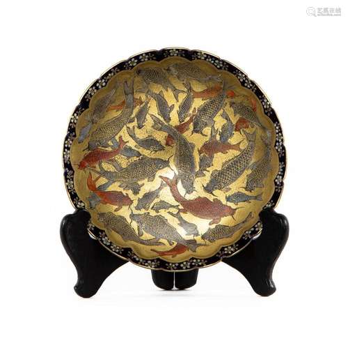 An unusual gilt and blue ground Satsuma Koi dish, Meiji peri...