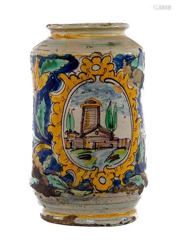 A large Majolica landscape albarello ( Drug jar) Caltagirone...