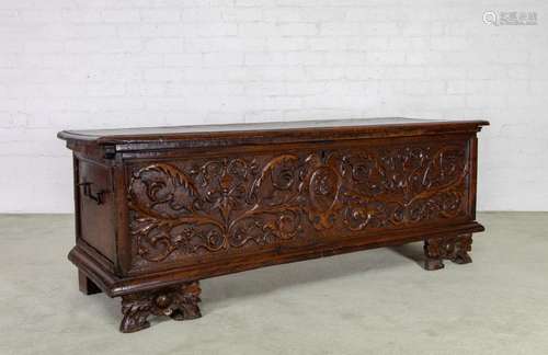 A beautifully carved walnut cassone, Italian circa 1680