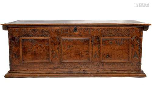 A very good carved cypress-wood cassone, Italian circa 1660