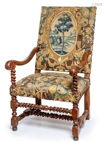 A Louis XIV walnut and tapestry armchair,French circa 1680