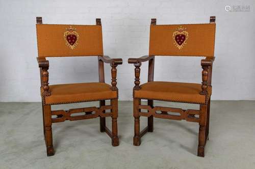 A pair of Louis XIV period walnut rectangular form armchairs...