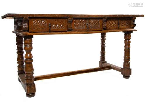 A large and impressive walnut stretcher table, Spanish circa...