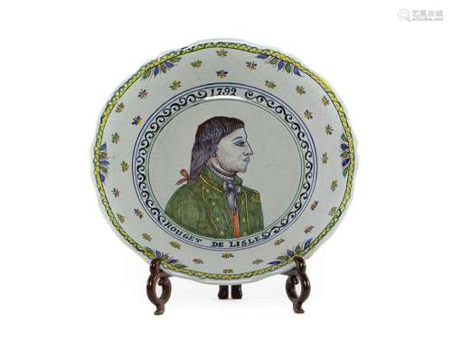 A faience portrait plate of Rouget De Lisle, French dated 17...