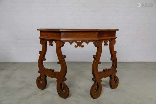 A rare walnut canted front console stretcher table,Italian 1...