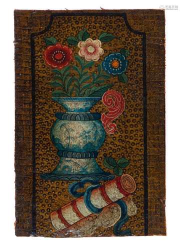 A painted and embossed leather panel,possibly Dutch early 19...