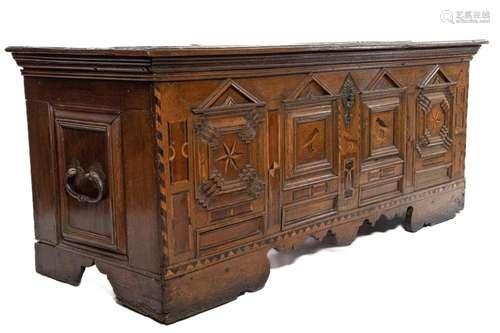 A striking bird marquetry and string- inlaid oak chest, Dutc...