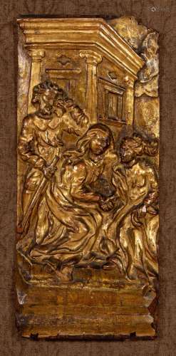 Two carved gilt-gesso panels of The Virgin and Joseph,Mary a...