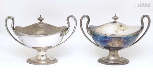 A pair of 19thC Sheffield Plate sauce tureens of twin handle...