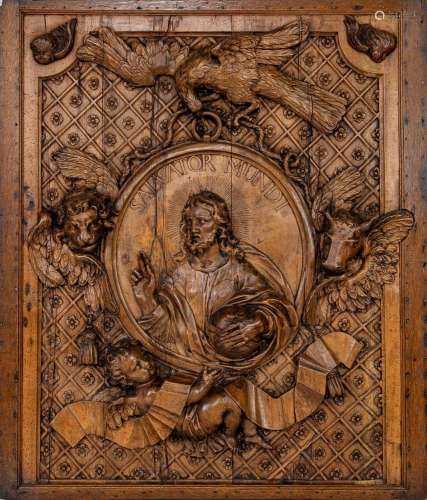 An Impressive boiserie carved-walnut panel of Salvador Mundi...