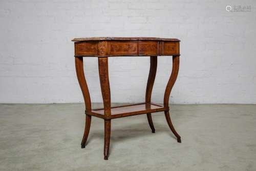 An unusual inlaid burr-walnut and walnut two-tier marble top...