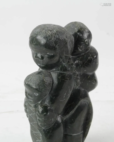 Inuit Carved Stone Eskimo with Children, Signed