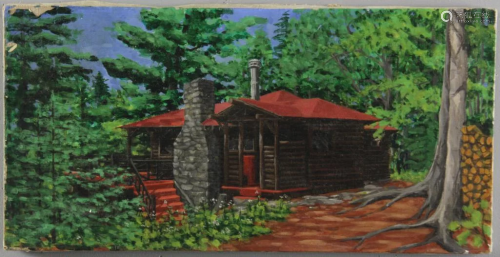 Oil on Canvas Log Cabin View in New York