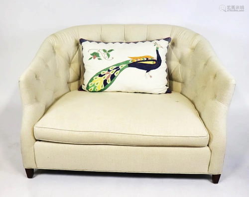 Custom Upholstered Sofa with Peacock Pillow