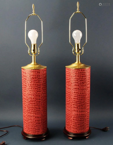 Pair of Custom Red Alligator Pattern Lamps