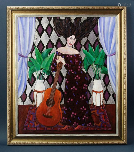 Alex Khomsky, Lady with Guitar, Oil on Canvas