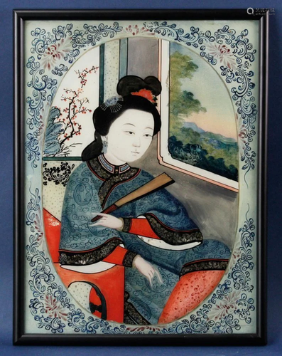 Chinese Portrait of Lady Reverse Painted on Glass