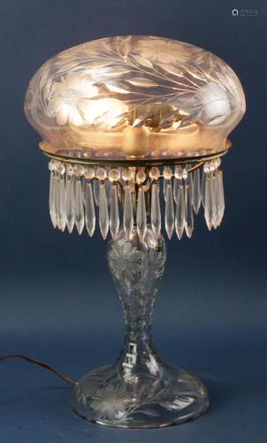 1920s Etched Glass Lamp with Flower Top