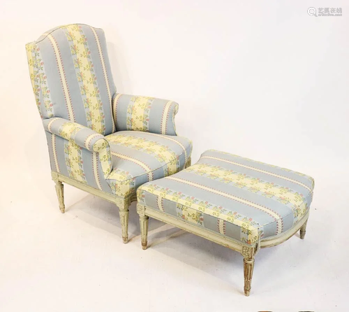 French-Style Upholstered Armchair and Ottoman