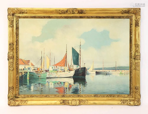 Southern European Harbor Scene, Oil on Board